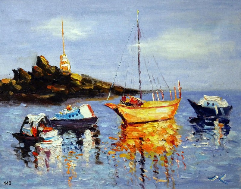 «Summer Boats» #440- Original Expressive Oil Painting by Julia Lu 16″ x 20″