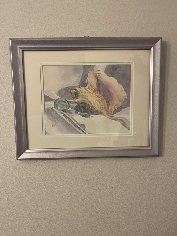 Original Carol Janda Watercolor Seashell Glass Floats Framed Coastal Painting