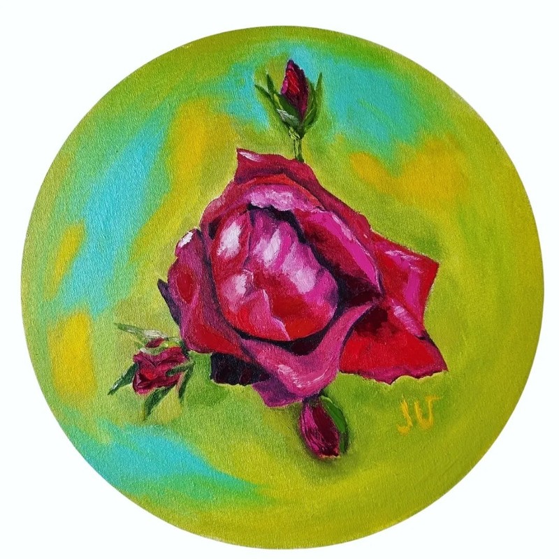 Original Oil Painting | Red Roses Round Wall Art | 12 in | Julia Velyka