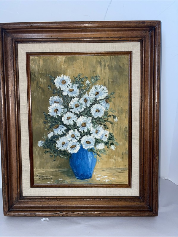 Vintage Ngaira Collins Original Oil Painting White Flowers Blue Framed 16×13”