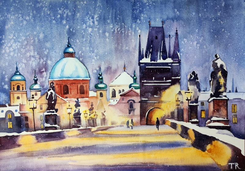 Charles Bridge Watercolor Painting Original · Winter Prague Cityscape · Handmade