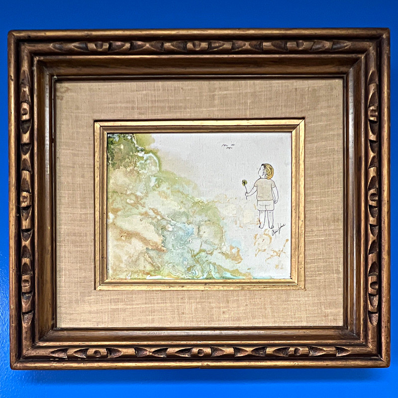 Robert Jones signed framed illustration canvas painting boy birds 18″×16″