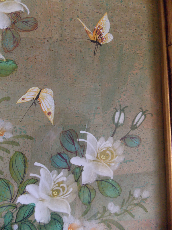 Vintage Cinoiserie Floral Faux Original Painting in Bamboo Wood framed 22"x18" gallery