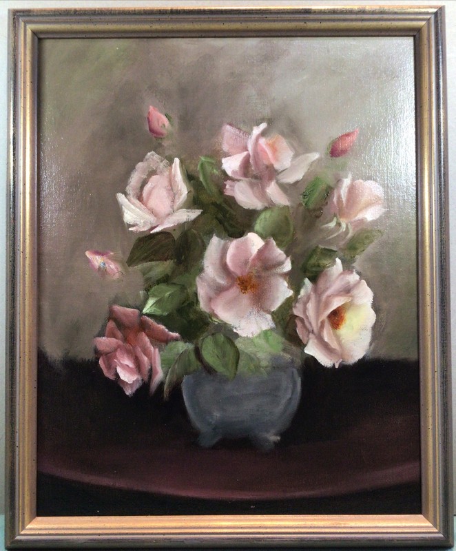 Pink Roses In Blue Vase Framed Oil Painting Circa 1940s