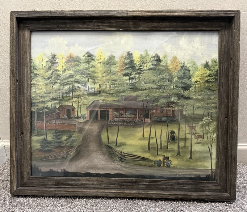 Hand-Painted Acrylic Art Log Cabin Scenic Outdoor Woods Framed Signed 2001