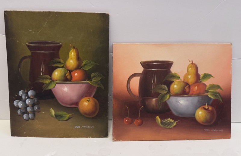 2 DEMAZIA STILL LIFE ORIGINAL OIL PAINTING FRUIT PARIS FRANCE VINTAGE RARE