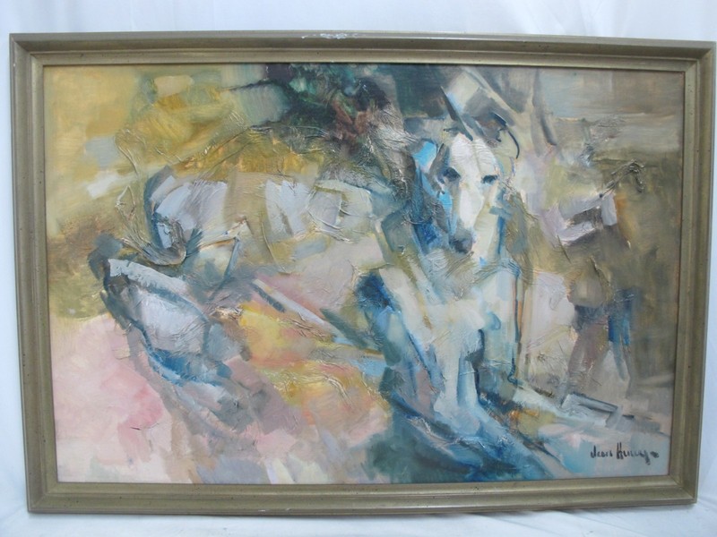 Signed JEAN HULUY? Framed Abstract Greyhound DOG Oil Impasto Painting