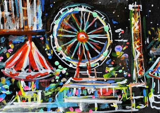 ORIGINAL ACEO Painting CARNIVAL Fair Amusement Park Fireworks Rides Fun ATC ART