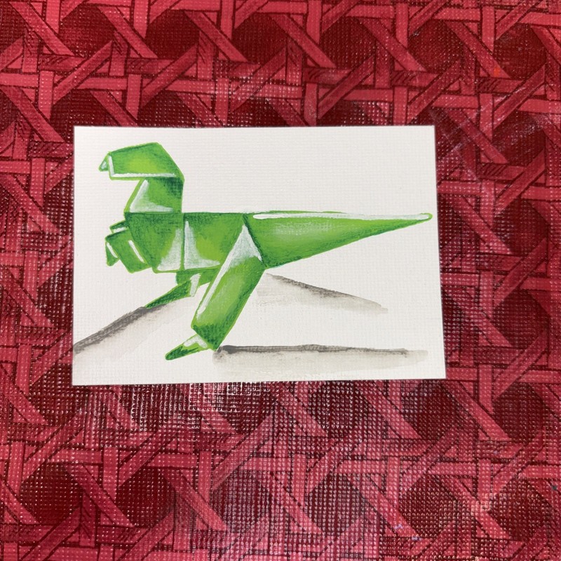 ACEO PRINT Hand Painted Acrylic Dinosaur T-Rex Origami Art Card 2.5X3.5Signed