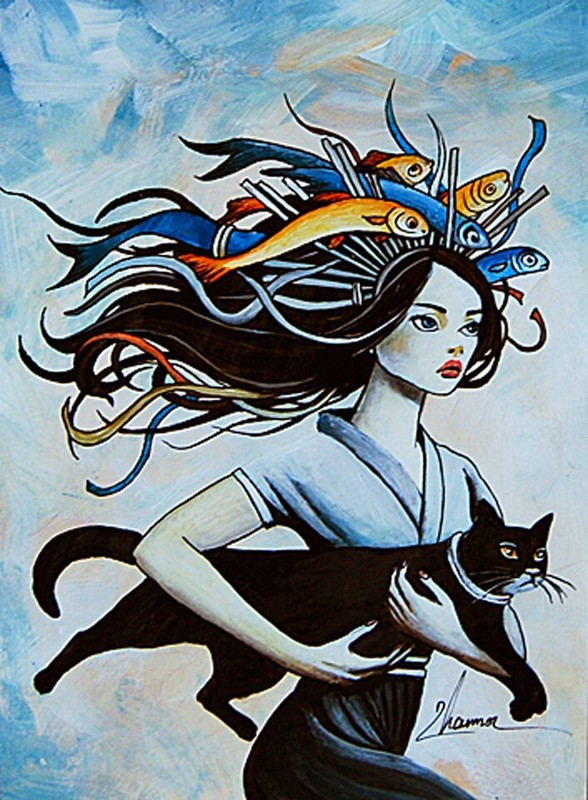 Original Acrylic Portrait Figurative Woman & Black Cat Art A5 Surreal Painting