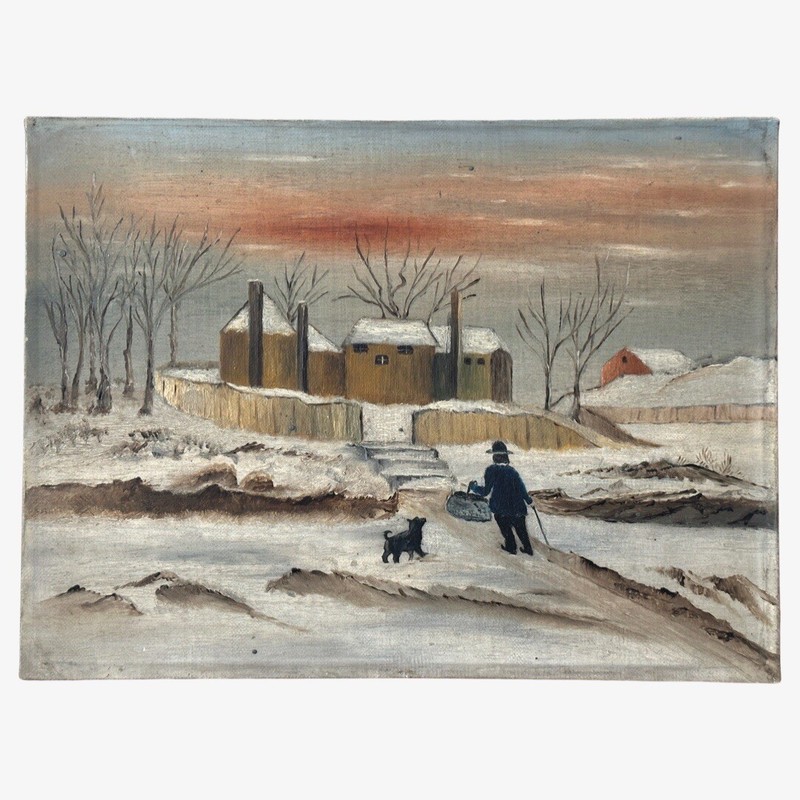 Antique Folk Art Winter Landscape With Dog And Man, Oil On Canvas/Outsider Art
