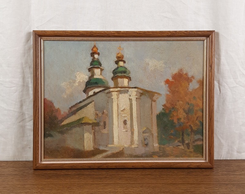 Autumn Landscape, Vintage Oil Painting of Eastern European Church, Religious Art