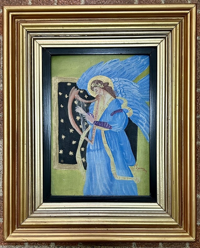 Original Signed Oil on Canvas Painting Angel Playing The Harp 16” x 19” w/Frame