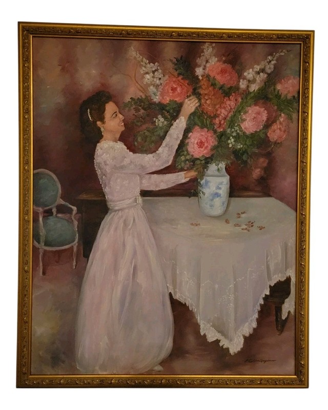 Original Oil Painting Woman Arranging Flowers Still Life Framed Signed 1994