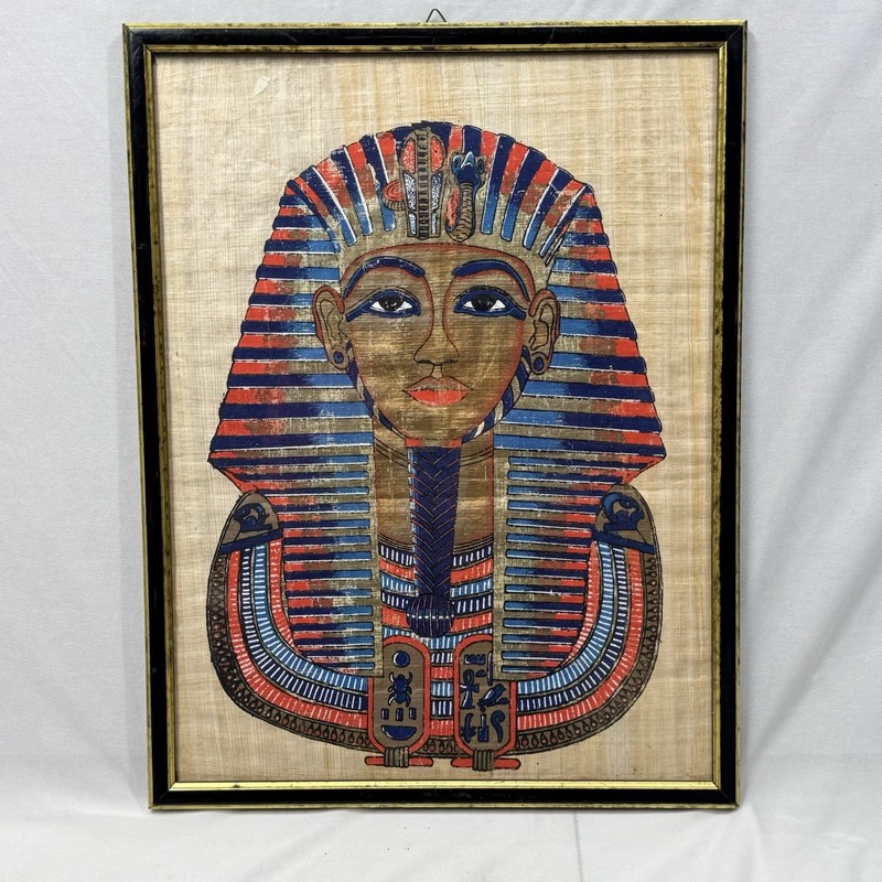 VTG Authentic Papyrus Hand Painted Egyptian King Tutankhamun’s Painting Framed