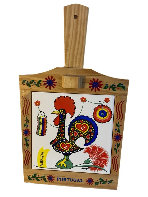 Hand-painted multicolor rooster trivet in a wooden frame Portugal signed Nuanca