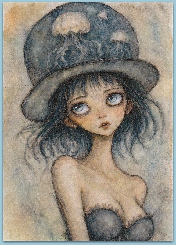 ACEO watercolor painting – jellyfish hat sexy girl woman surreal