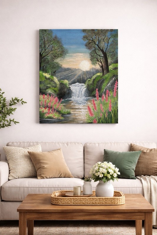Hand‑Painted Waterfall Canvas Art – Glowing Sky, Floral Landscape Painting
