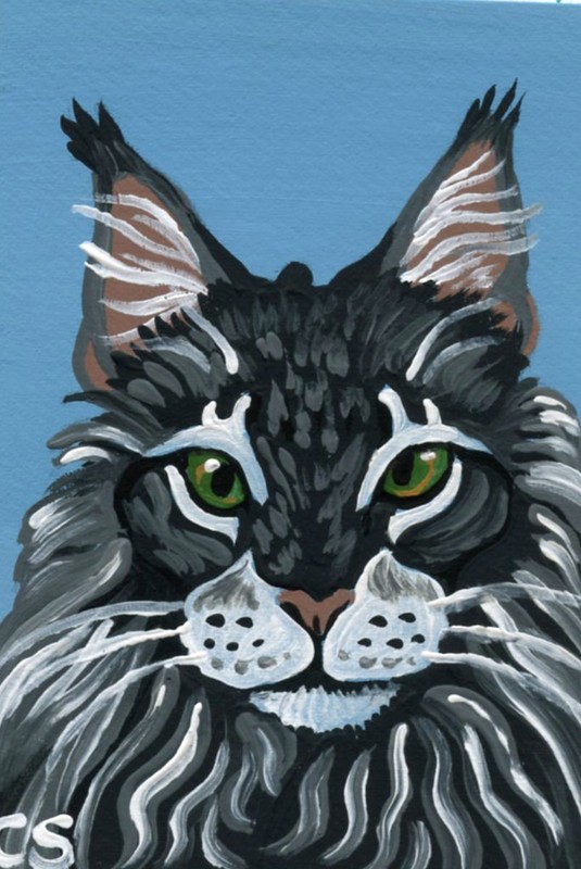 ACEO ATC Maine Coon Cat Pet Art Painting -Carla Smale