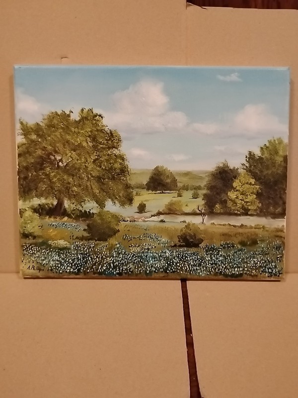 Peaceful Texas Bluebonnets Oil Painting Landscape With Pond Signed 14 X 11