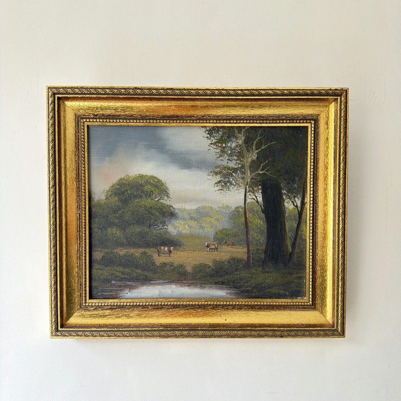 Authentic Landscape Oil Painting «Gilded Frame» Vintage Small Artwork