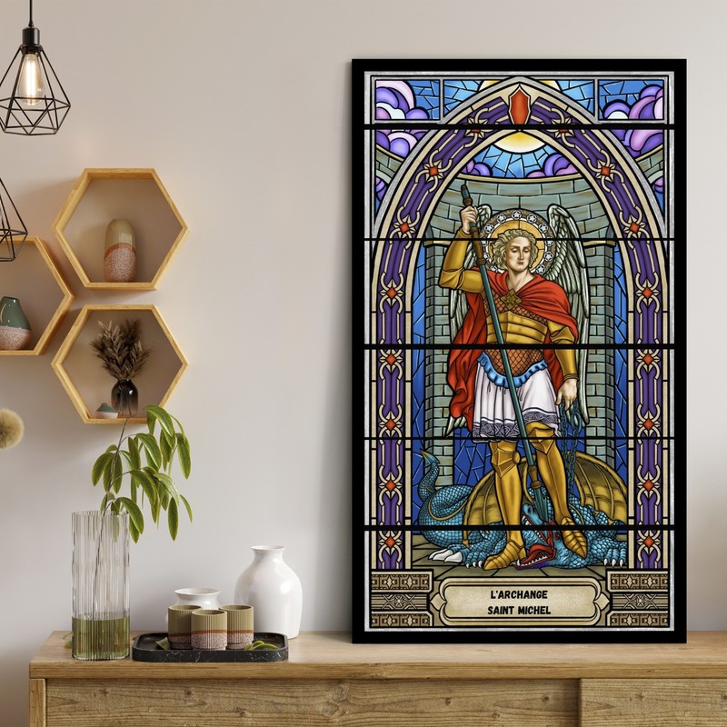 Archangel Saint Michel Stained Glass Style Canvas – Religious Catholic Wall Art