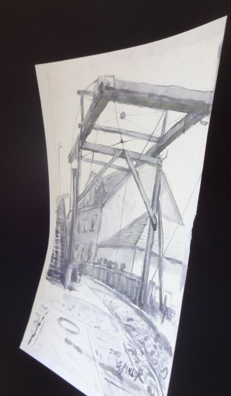 GERRY MILLER - "Drawbridge". Reed Pen and Watercolour Painting on Paper.25x39cm gallery