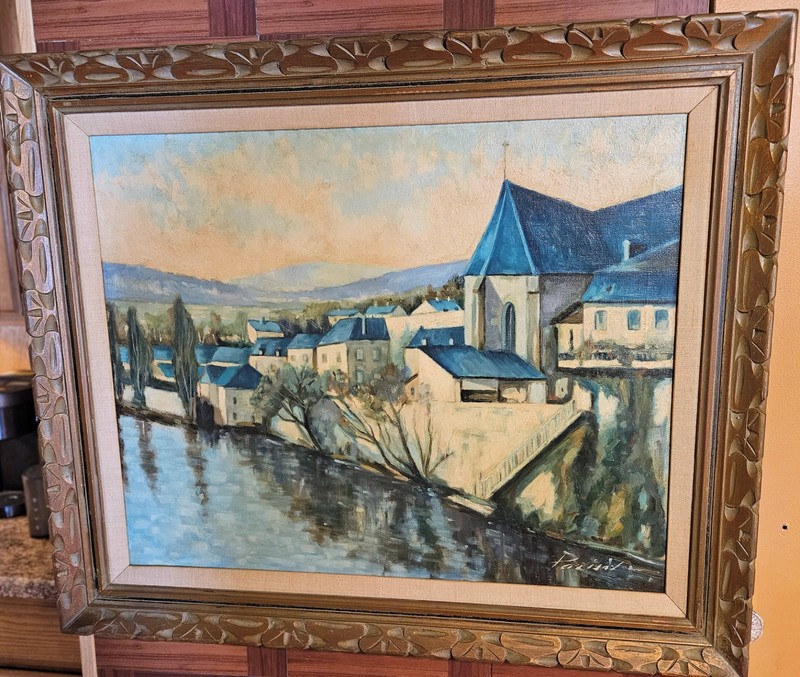 VINTAGE SIGNED OIL PAINTING OF RIVERSIDE EUROPEAN TOWN 37”x 31” FRAMED – NICE!