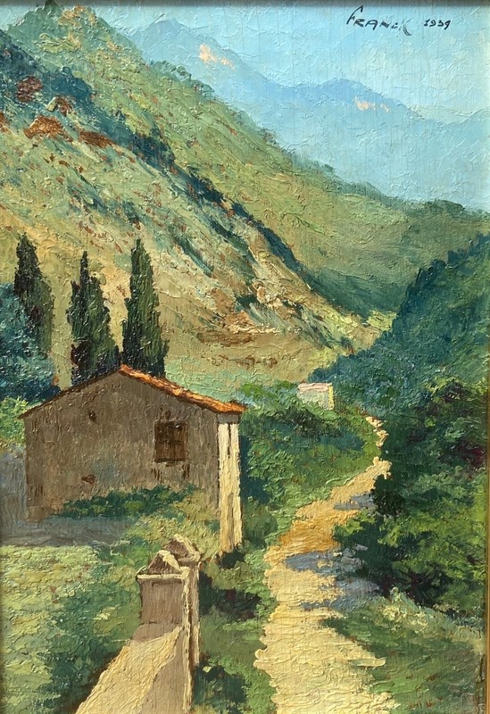 Antique 1939 Franck Signed Oil Wood Corsica Landscape Painting Gilt Frame France gallery