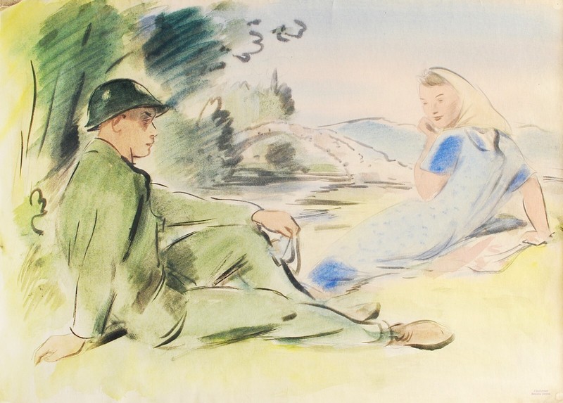 Soldier and Washerwoman – 1920s Czech Watercolor by Czech artist Bohumil Ullrych
