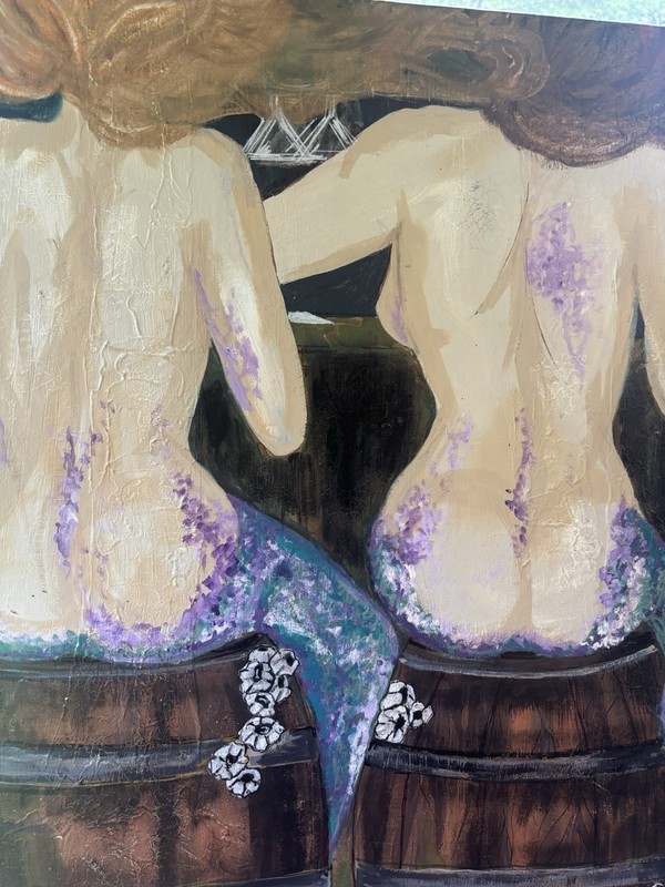 Large Original Acrylic, Painting, 40×40 “Mermaids, And Barmaids” Signed ￼