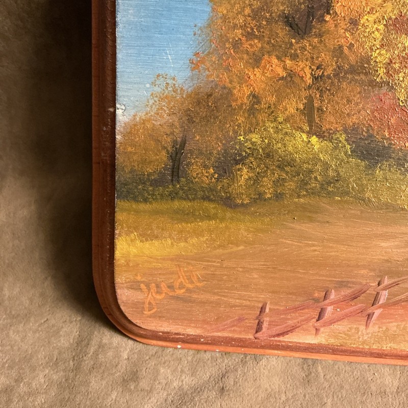 Circa 1970S Slab Art/wood Plaqie Hand painted by JUDI autumn tree scene gallery