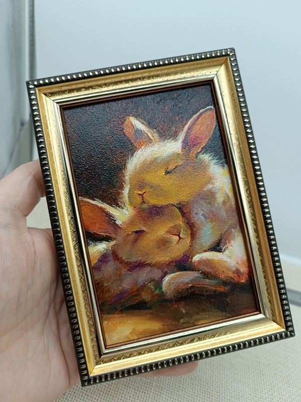 Original Oil Painting Rabbits Signed Animal Art 4x6 Framed Gift gallery