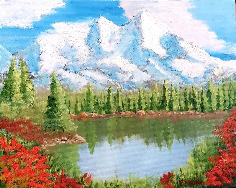 impressionist oil painting original landscape Mountain Top Clear Lake
