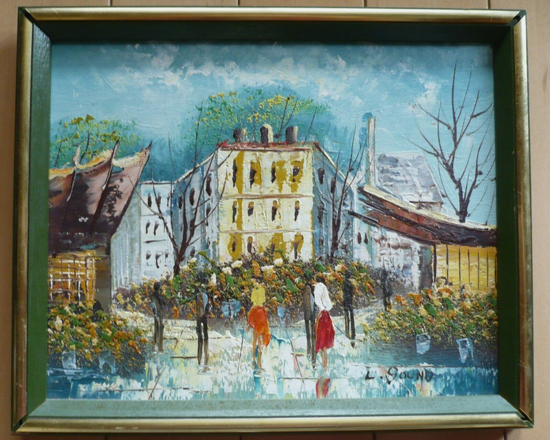 VINTAGE STREET SCENE, OIL PAINTING, SIGNED, LANDSCAPE CITYSCAPE MODERNIST URBAN