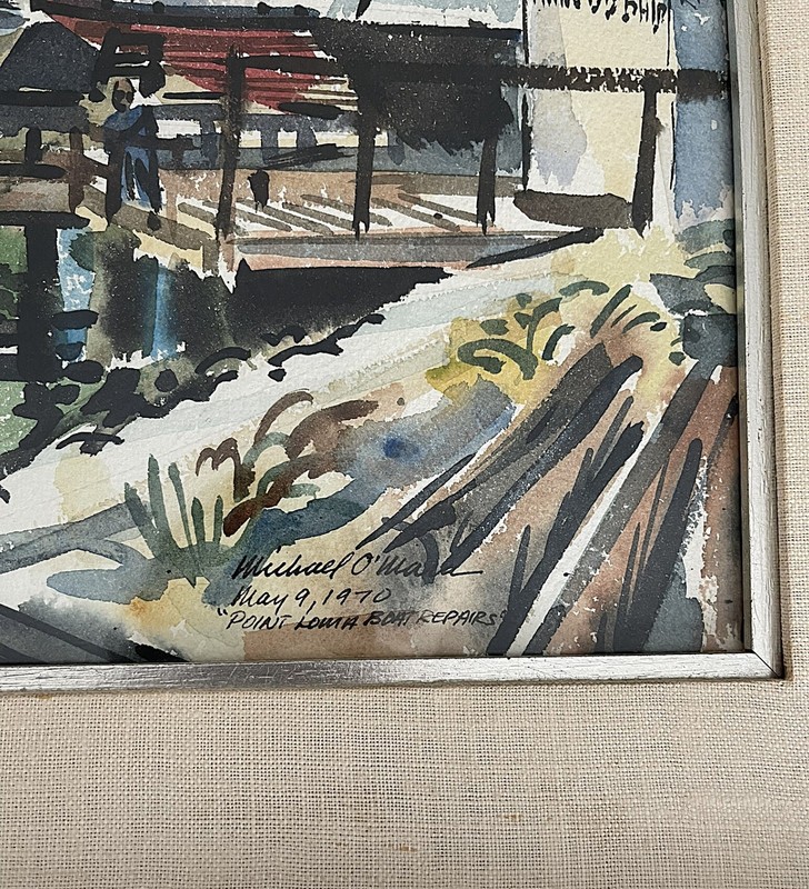 M. O'Mara Watercolor Commercial "Fishing Boats at "Point Loma Boat Repair" 70's gallery