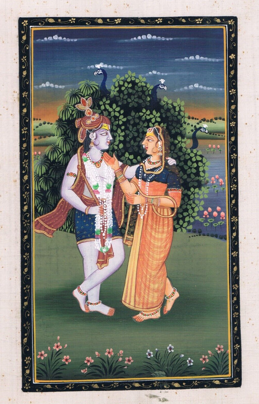 Beautiful Painting Of Radha Krishna In Love Scene Art On Silk Cloth 7x11 Inches gallery