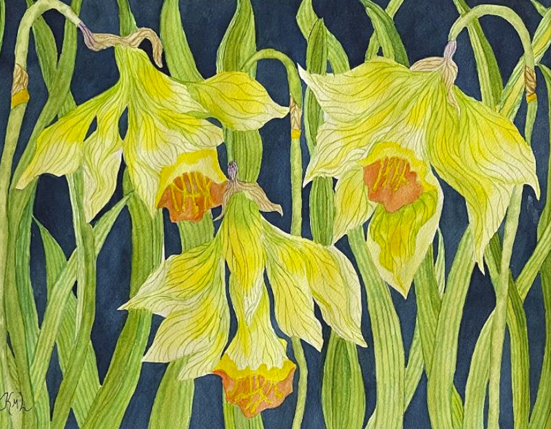 PAINTING WATERCOLOR ART FLOWERS DAFFODILS YELLOW GREEN 11X14 & DOUBLE MAT 16X20