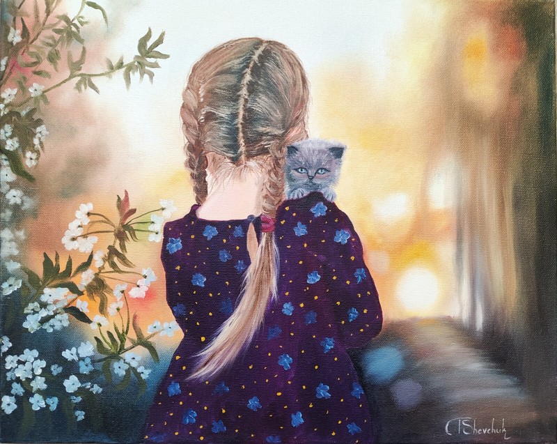 Girl Original Oil Painting Cat Baby Landscape Art People Hand Painted 20×16