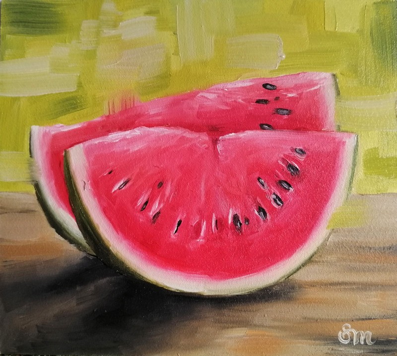 Oil painting original 7×8 in (18×20 cm) Watermelon still life on hardboard