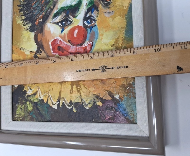 Sad Clown Framed Painting Impasto Vtg 80s Linen Covered Trim Mat Taupe 12"x10" gallery