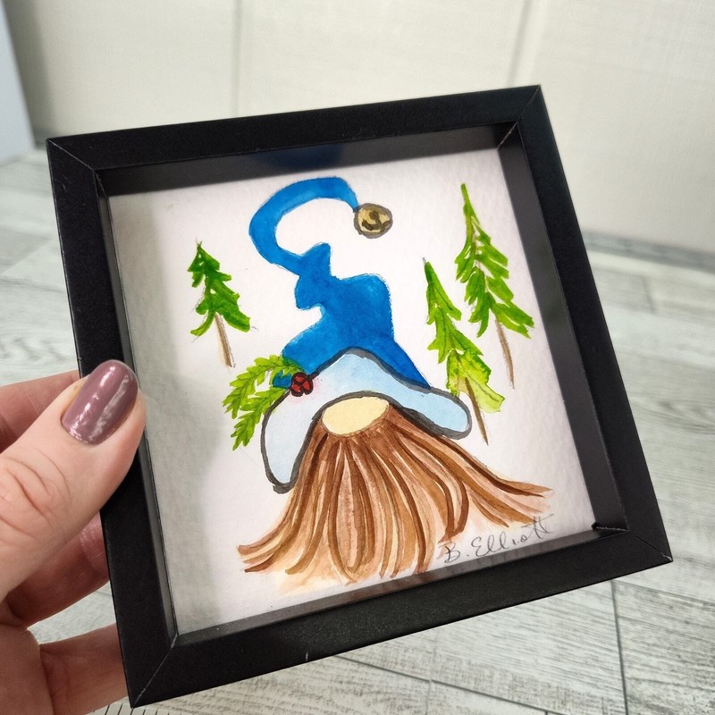 Bearded Gnome Holiday Watercolor Art Framed 4.5″ Square Decor Cottagecore