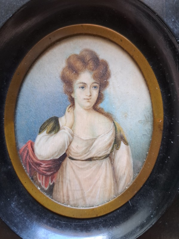 Miniature Portrait Painting English or French woman in neoclassic dress 19th c gallery