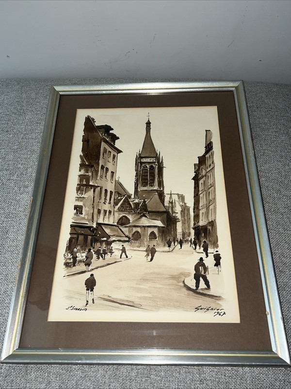 Fernand Guignier «St. Severin» Cathedral Signed Watercolor (Sepia) Painting