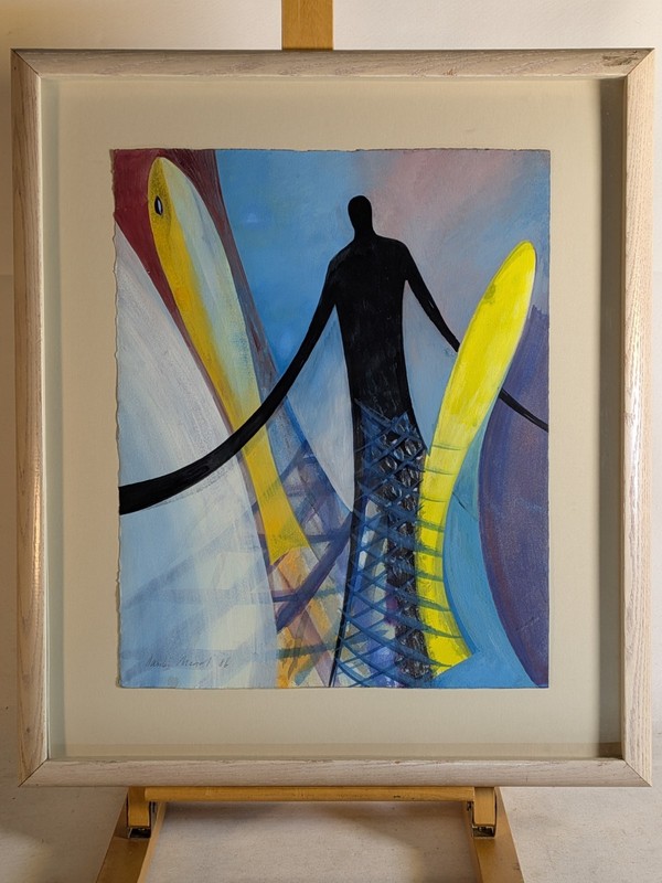 1986 vintage African Futurist Style Painting abstract modern elongated figure