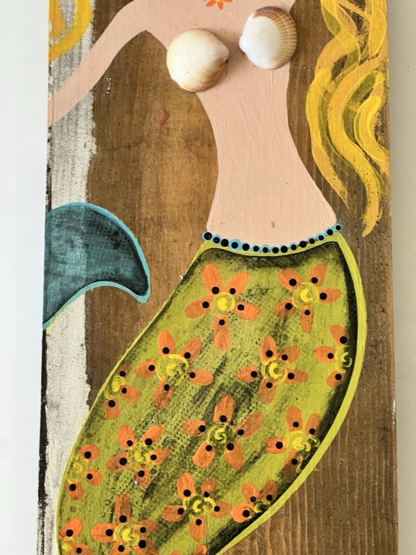 Handmade Mermaid Wall Art Signed Tina Vanecek Mixed Media Shells Vintage Wood gallery
