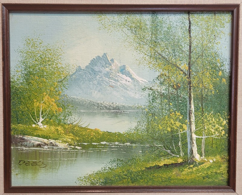 Vintage 70's Oil On Canvas. Spring Green Mountain Snow Blue Sky River Lake gallery