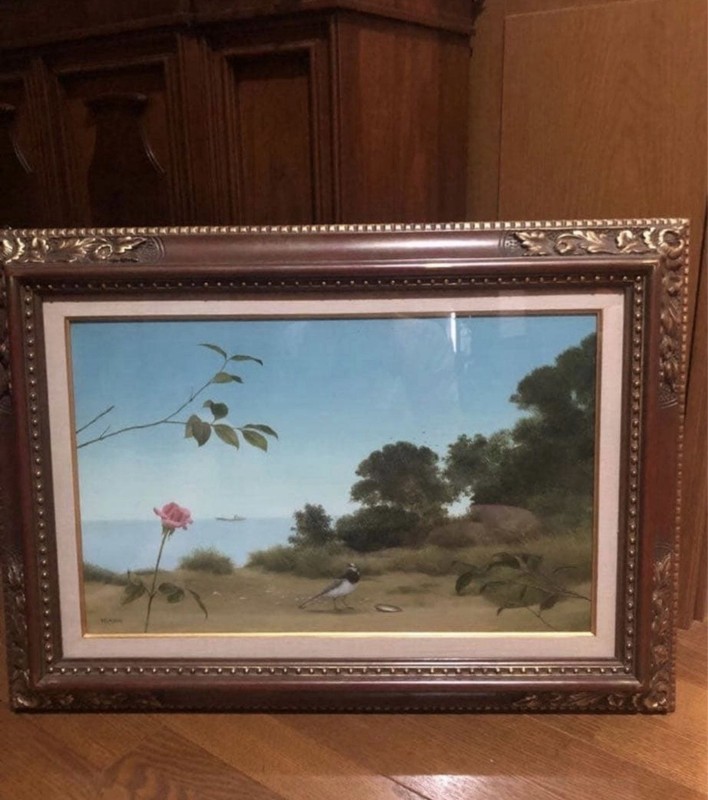 Toru Wada Original Oil Painting Rose Seaside Landscape Bird Japanese Framed Art