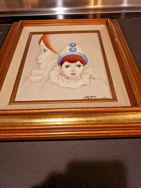 Signed Oil Painting Clown on Canvas Framed Original by Ostrander Frame 13x15 gallery