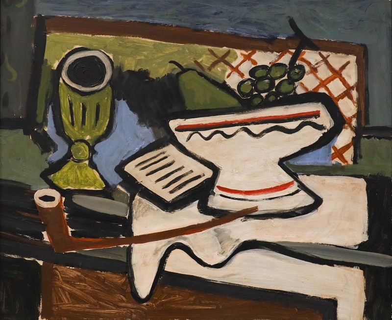 Modernist 20th Century Oil - Still life with Fruit Bowl and Pipe gallery